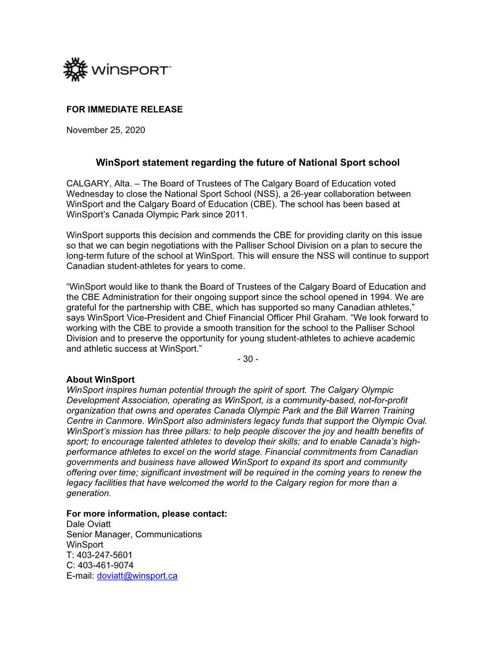 Winsport Statement Regarding the Future of National Sport School