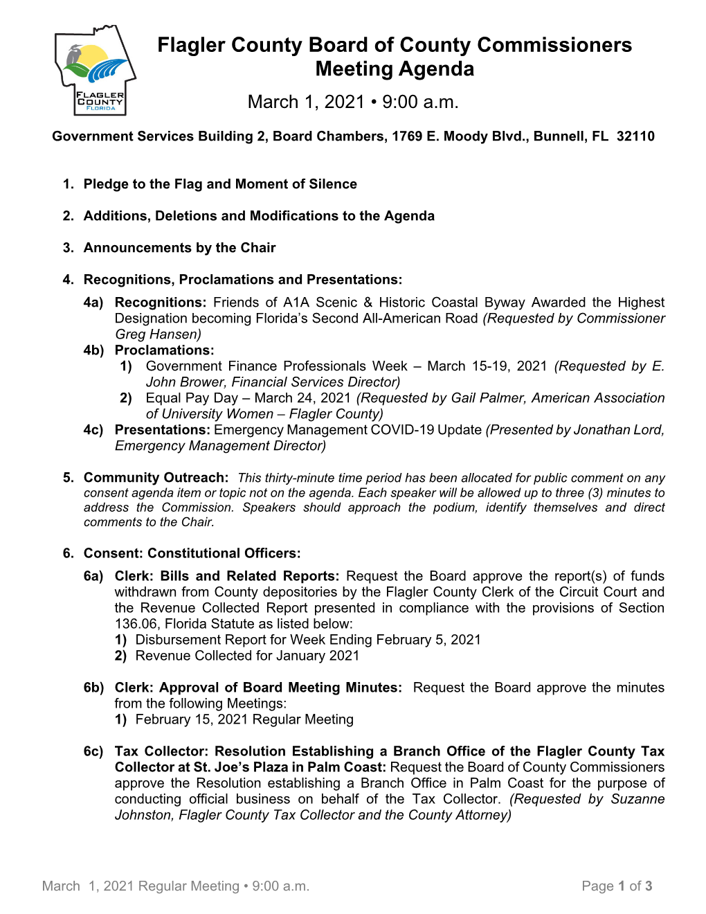 Flagler County Board of County Commissioners Meeting Agenda