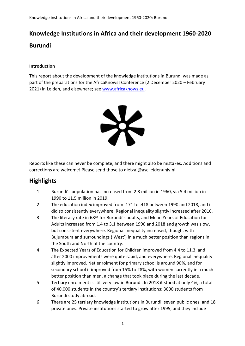 Knowledge Institutions in Africa and Their Development 1960-2020 Burundi Highlights