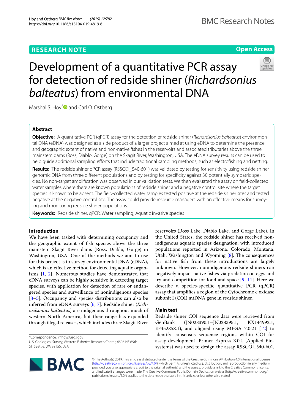 Development of a Quantitative PCR Assay for Detection of Redside Shiner (Richardsonius Balteatus) from Environmental DNA Marshal S