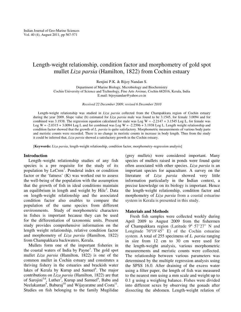 Length-Weight Relationship, Condition Factor and Morphometry of Gold Spot Mullet Liza Parsia (Hamilton, 1822) from Cochin Estuary