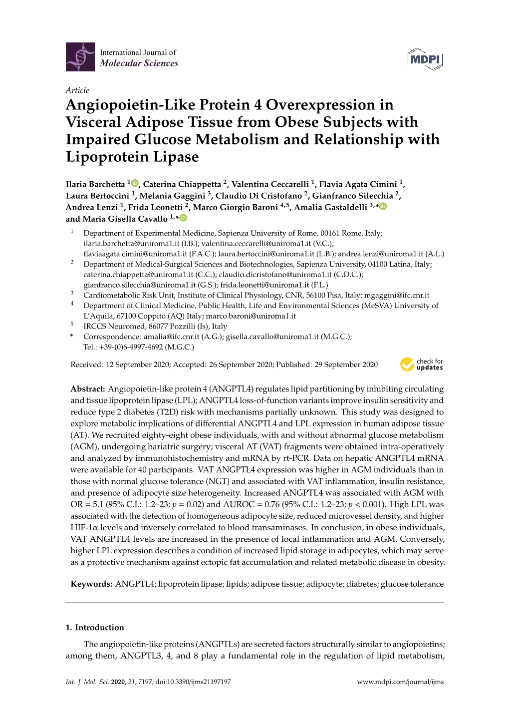 Angiopoietin-Like Protein 4 Overexpression in Visceral Adipose Tissue from Obese Subjects with Impaired Glucose Metabolism and Relationship with Lipoprotein Lipase