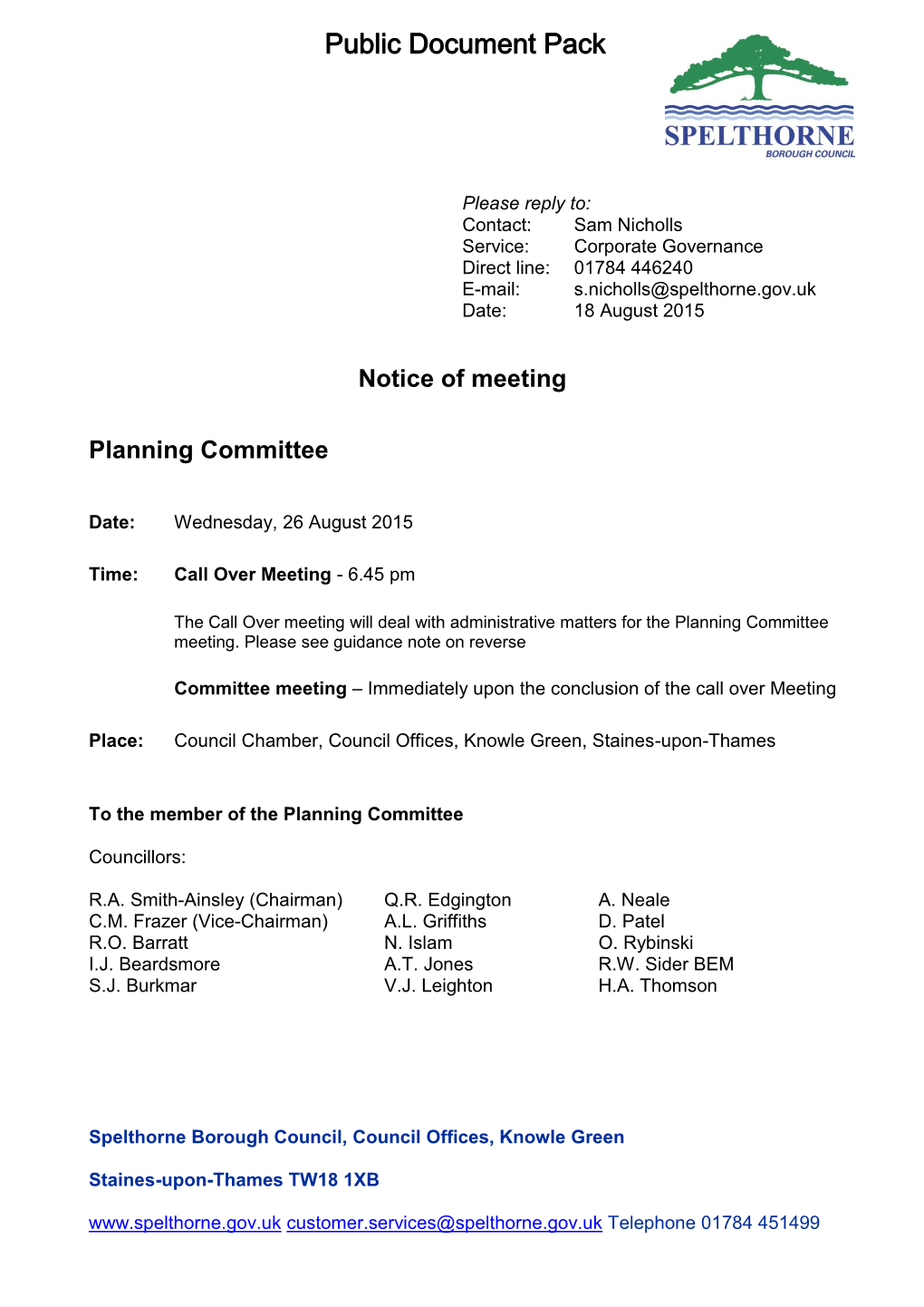 (Public Pack)Agenda Document for Planning Committee, 26/08/2015