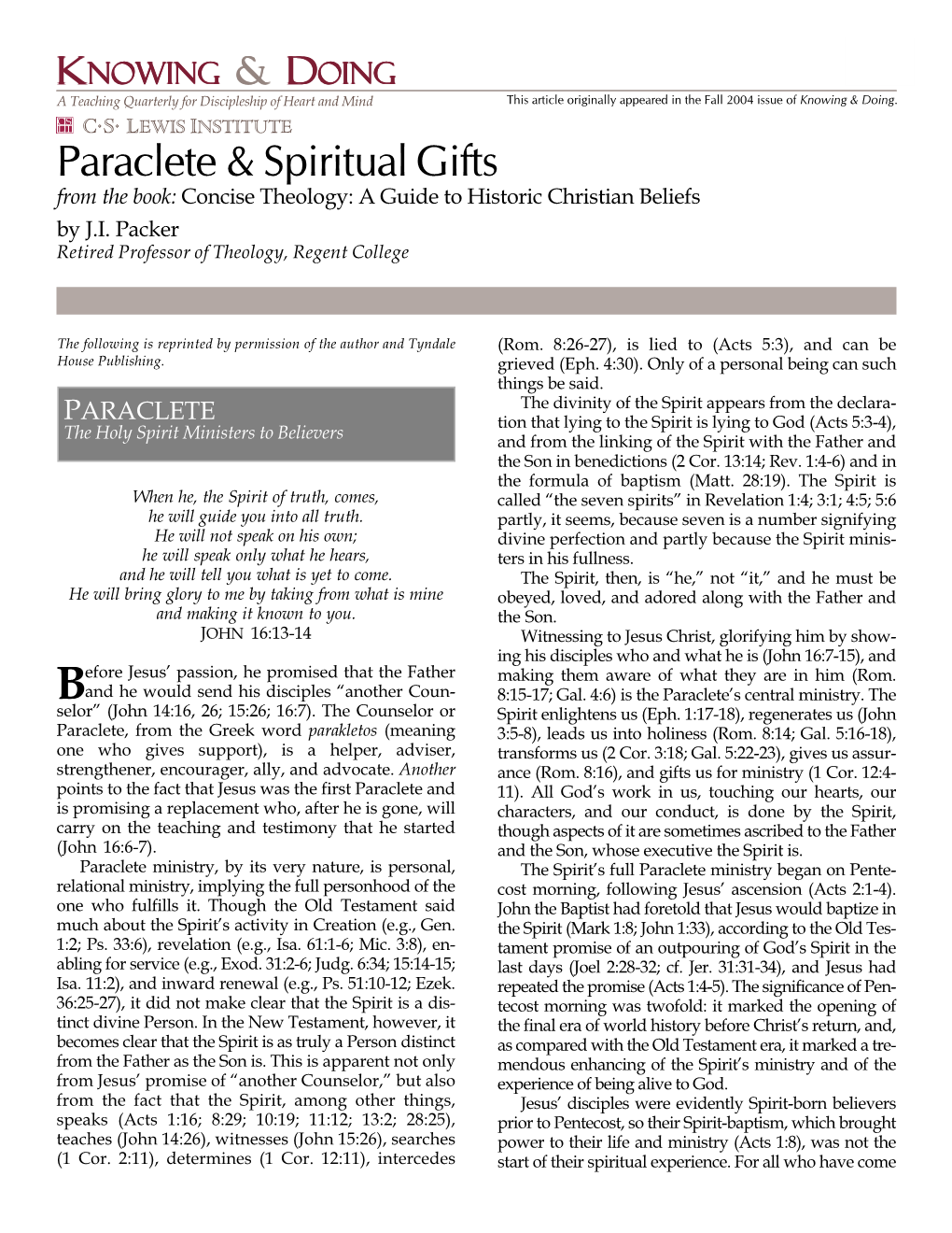 Paraclete & Spiritual Gifts (Packer)