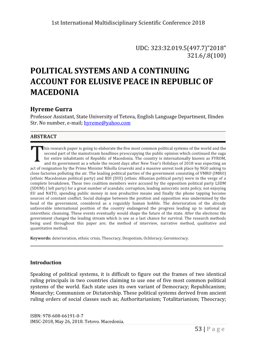 Political Systems and a Continuing Account for Elusive Peace in Republic of Macedonia