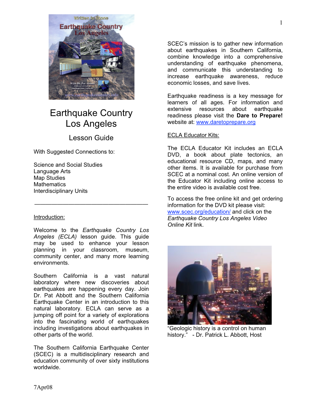 Earthquake Country Los Angeles Video Online Kit Link