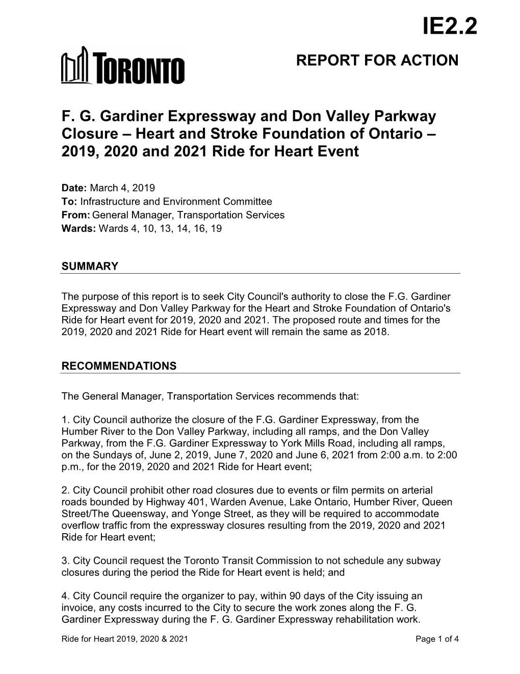 F. G. Gardiner Expressway and Don Valley Parkway Closure – Heart and Stroke Foundation of Ontario – 2019, 2020 and 2021 Ride for Heart Event