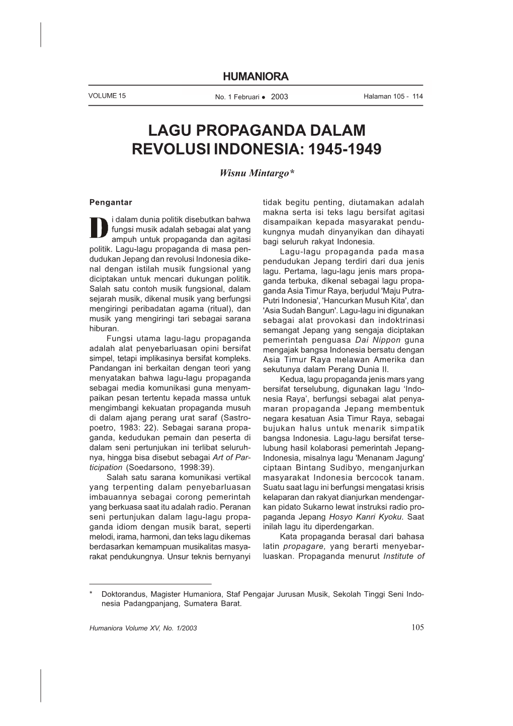 Lagu Propaganda Dalam Revolusi Indonesia: 1945-1949 VOLUME 15 No