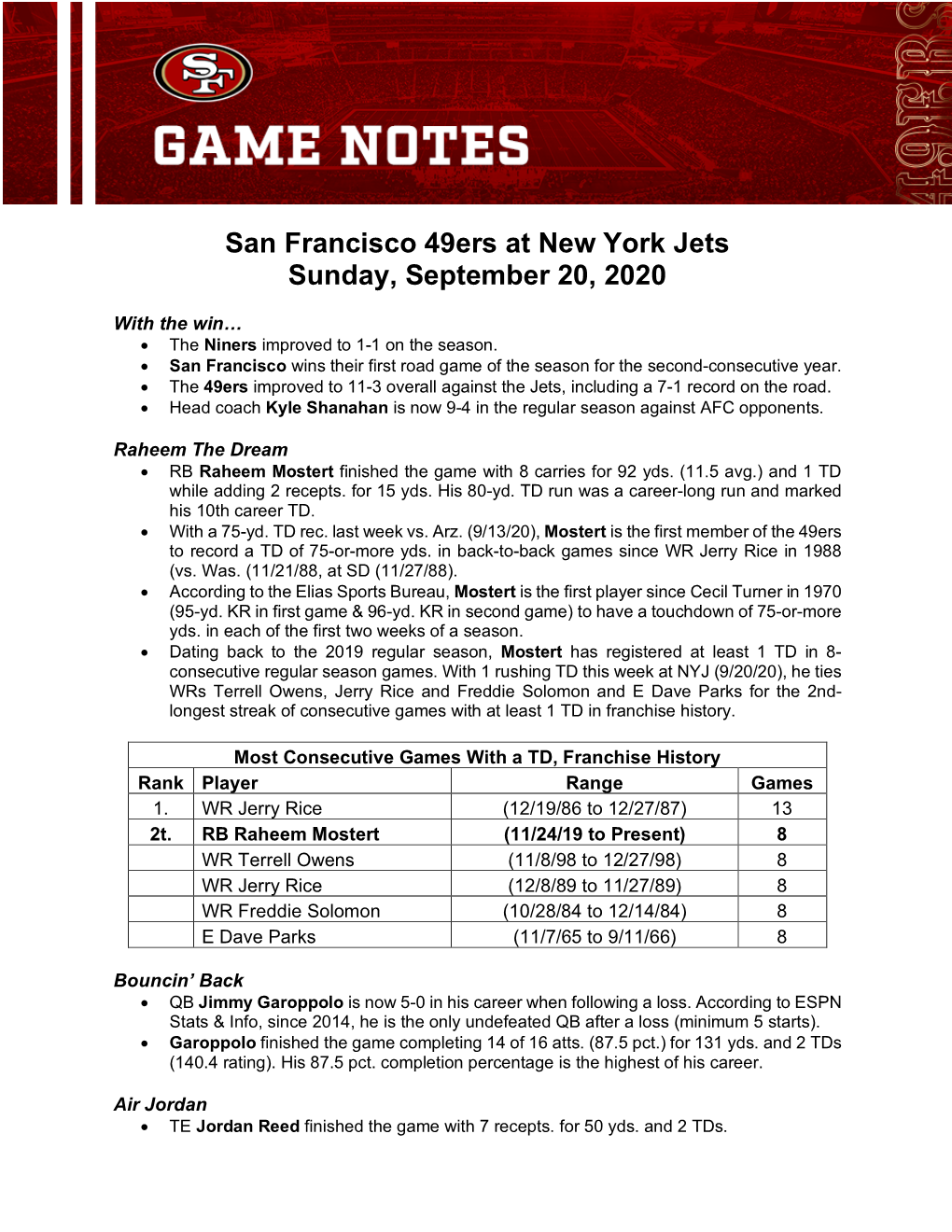 San Francisco 49Ers at New York Jets Sunday, September 20, 2020