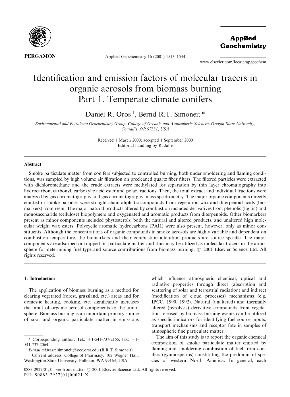 Identification and Emission Factors of Molecular Tracers in Organic