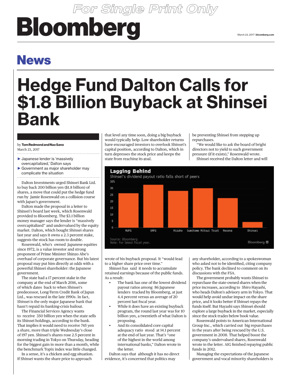 Hedge Fund Dalton Calls for $1.8 Billion Buyback at Shinsei Bank