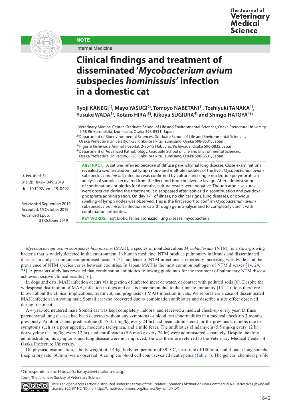 Mycobacterium Avium Subspecies Hominissuis’ Infection in a Domestic Cat