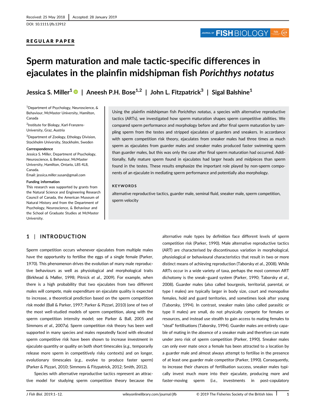 Sperm Maturation and Male Tactic-Specific Differences in Ejaculates in the Plainfin Midshipman Fish Porichthys Notatus