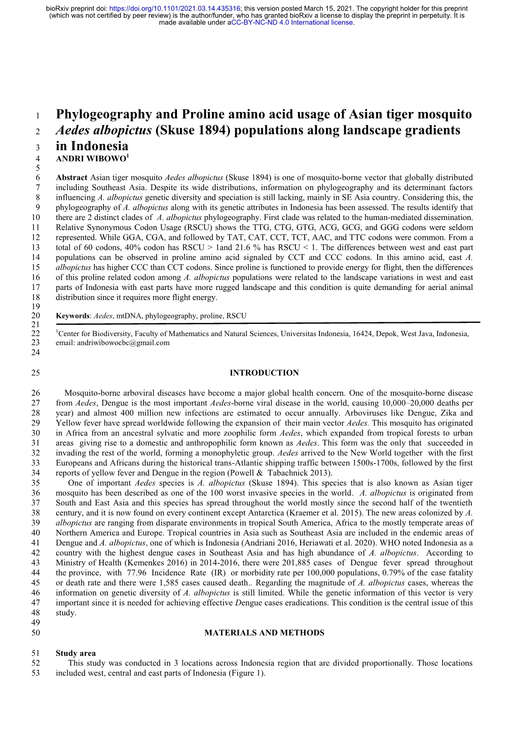 Phylogeography and Proline Amino Acid Usage of Asian Tiger Mosquito