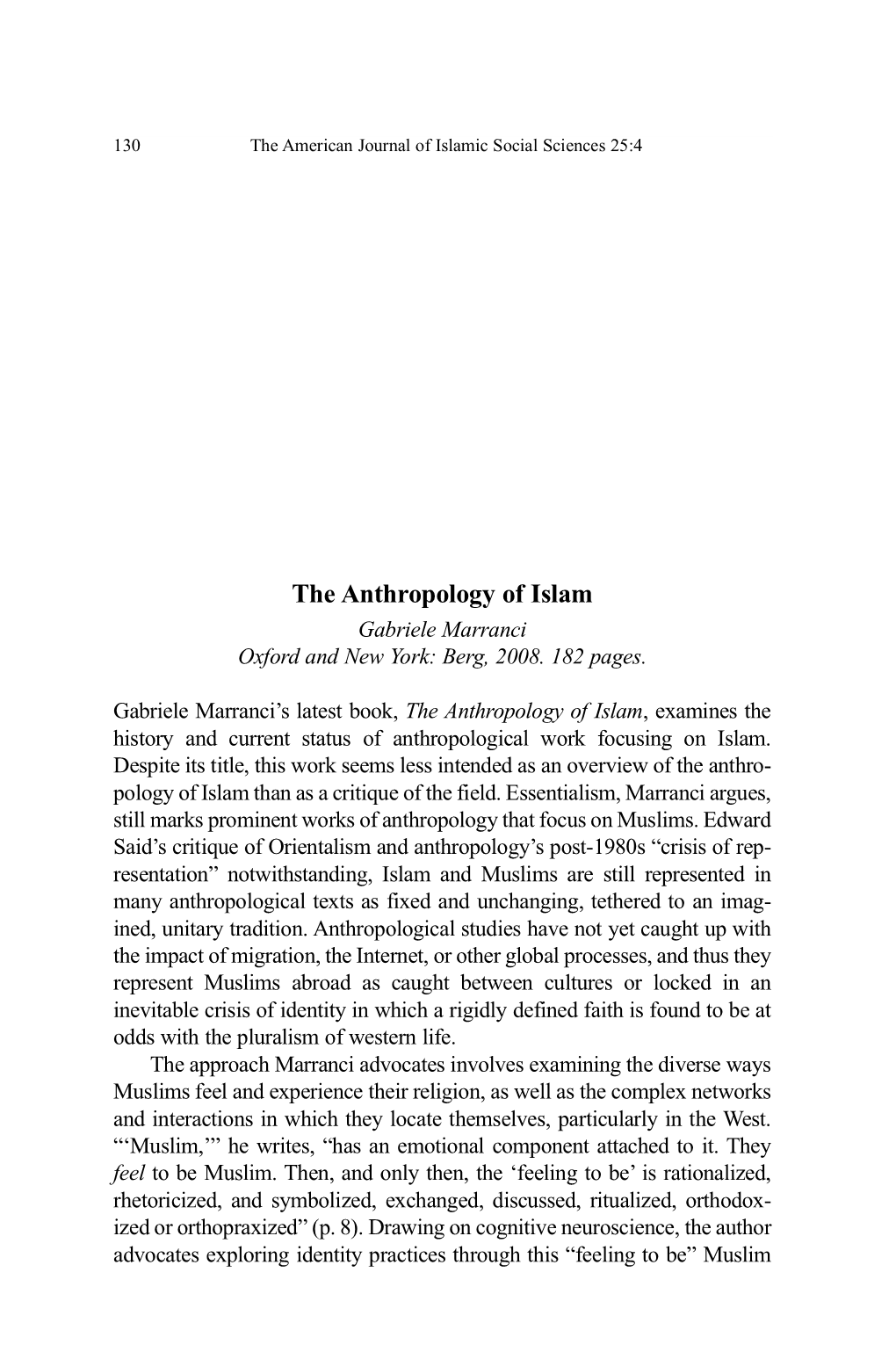 The Anthropology of Islam Gabriele Marranci Oxford and New York: Berg, 2008