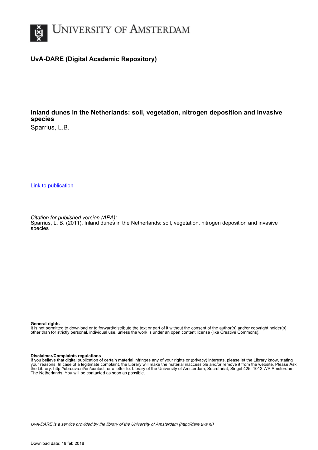 Inland Dunes in the Netherlands: Soil, Vegetation, Nitrogen Deposition and Invasive Species Sparrius, L.B