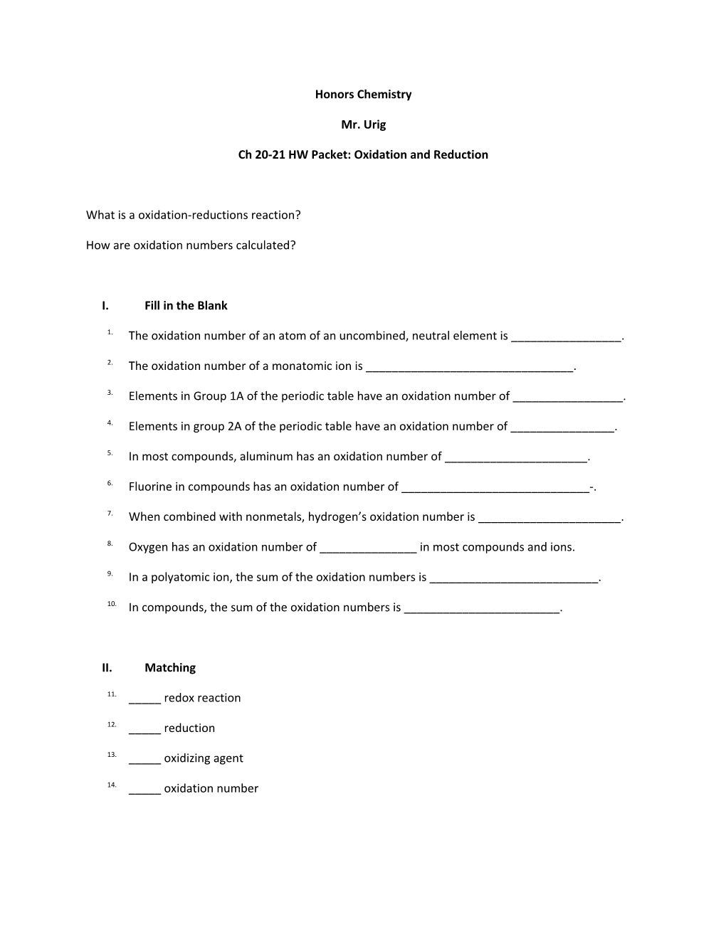 Ch 20-21 HW Packet: Oxidation and Reduction