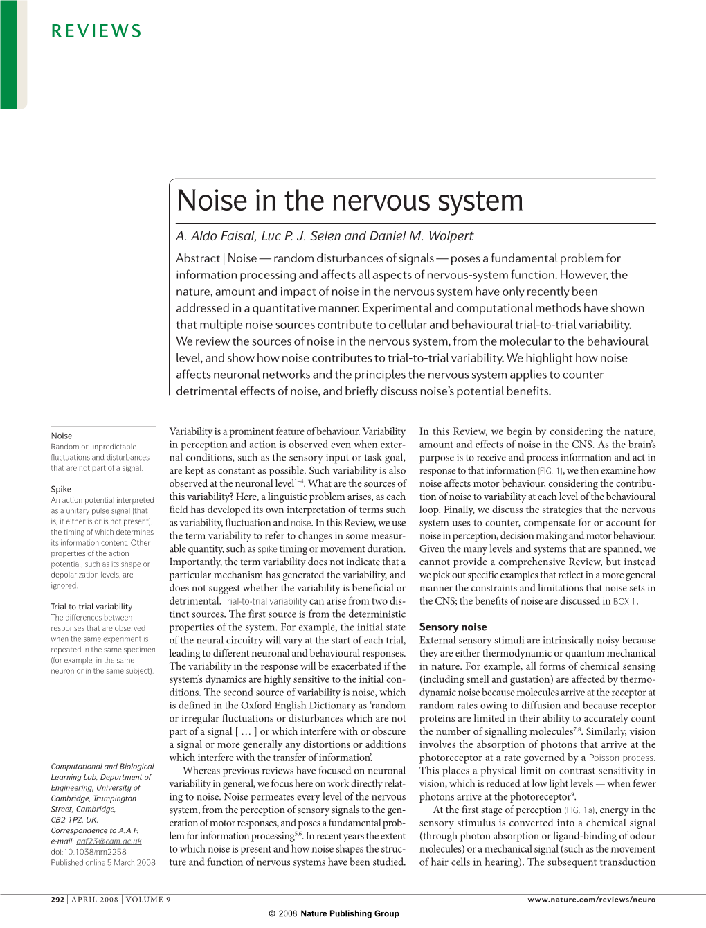 Noise in the Nervous System