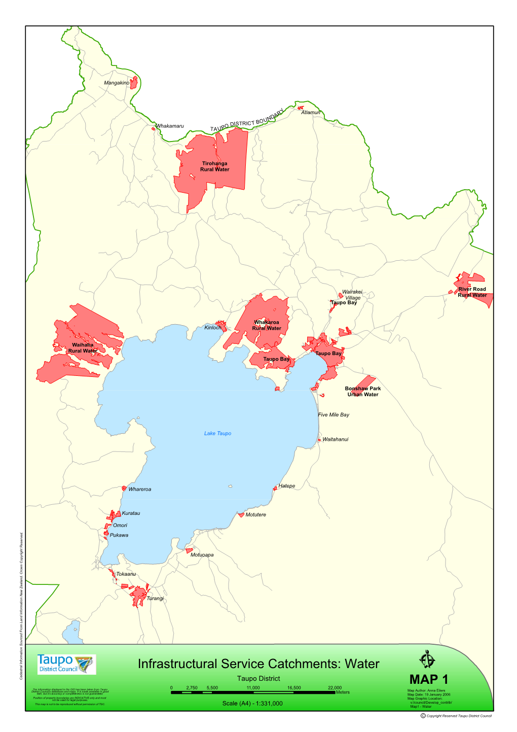 MAP 1 the Information Displayed in the GIS Has Been Taken from Taupo 02,750 5,500 11,000 16,500 22,000 District Council's Databases and Maps