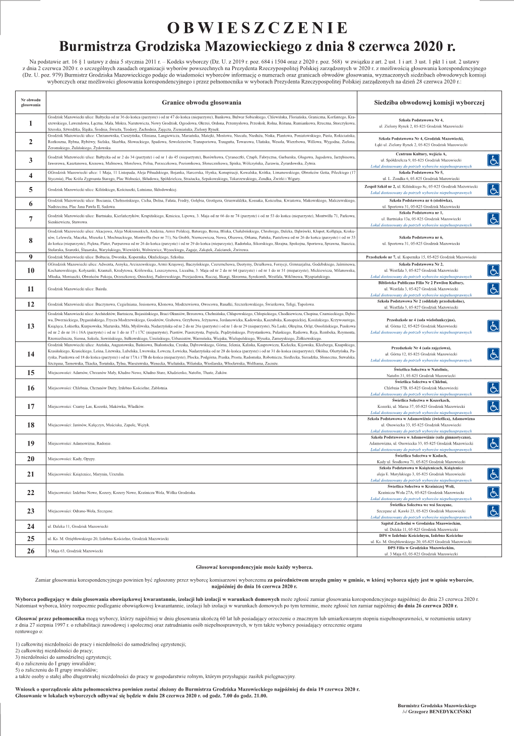 OBWIESZCZENIE Burmistrza Grodziska Mazowieckiego Z Dnia 8 Czerwca 2020 R