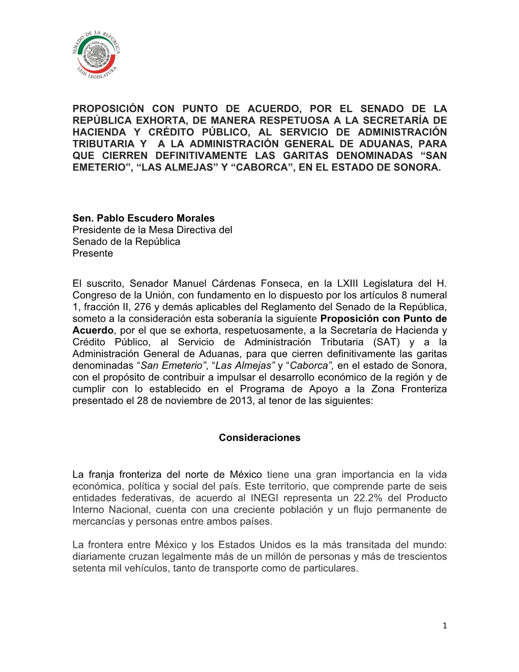 Proposición Con Punto De Acuerdo, Por El Senado De