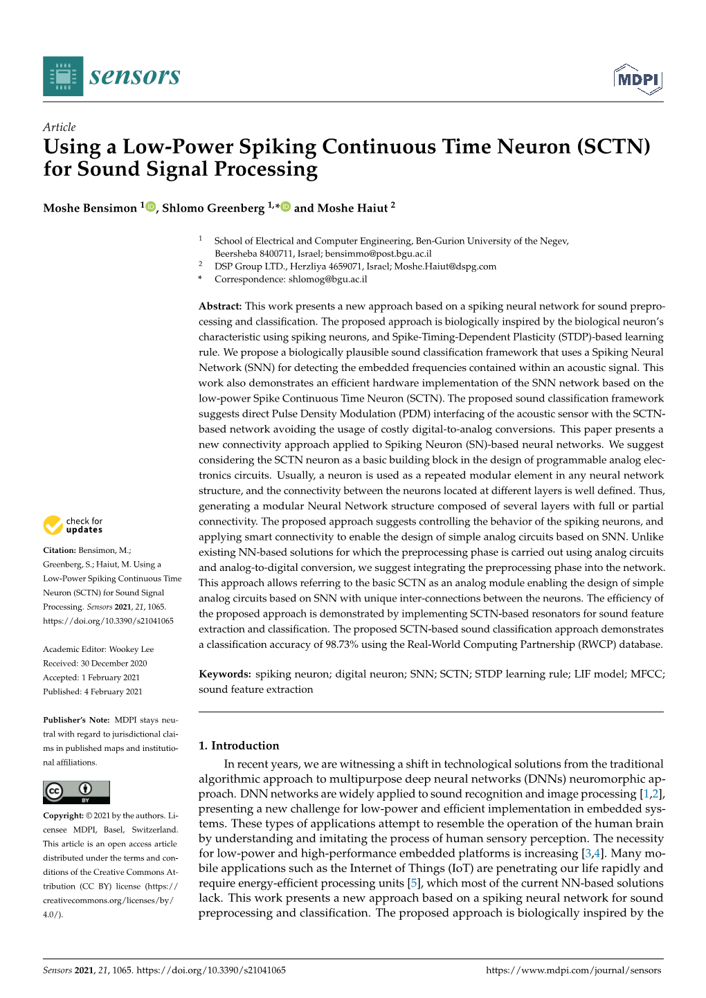 Using a Low-Power Spiking Continuous Time Neuron (SCTN) for Sound Signal Processing