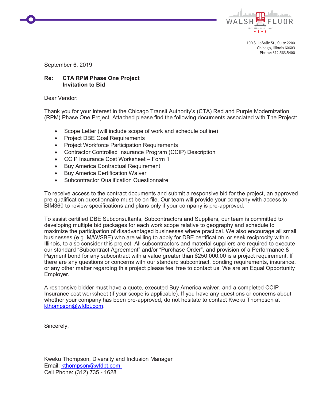 September 6, 2019 Re: CTA RPM Phase One Project Invitation to Bid