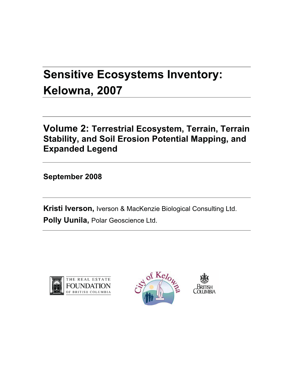Sensitive Ecosystems Inventory: Kelowna, 2007
