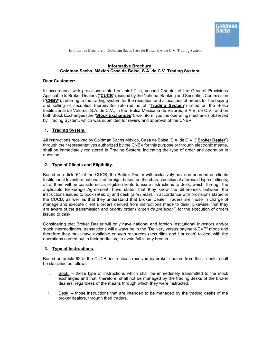Informative Brochure of Goldman Sachs Casa De Bolsa, SA De CV