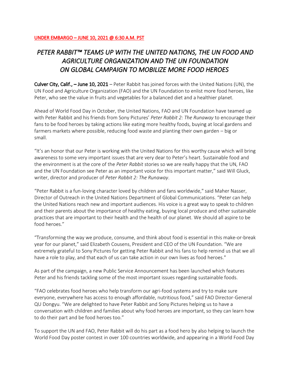 Peter Rabbit™ Teams up with the United Nations, the Un Food and Agriculture Organization and the Un Foundation on Global Campaign to Mobilize More Food Heroes