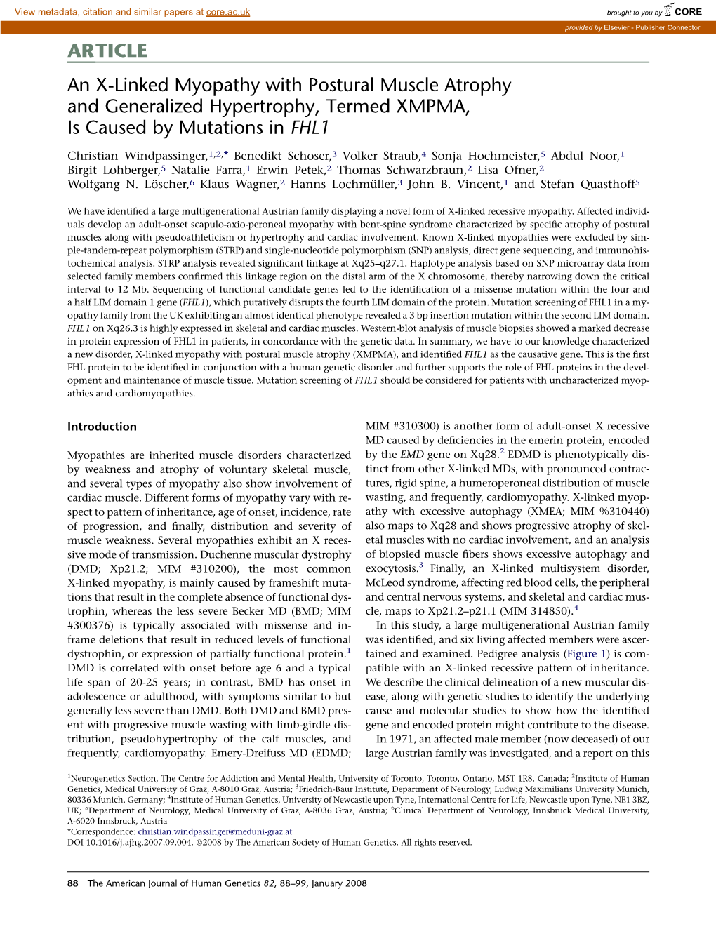 ARTICLE an X-Linked Myopathy with Postural Muscle Atrophy and Generalized Hypertrophy, Termed XMPMA, Is Caused by Mutations in FHL1