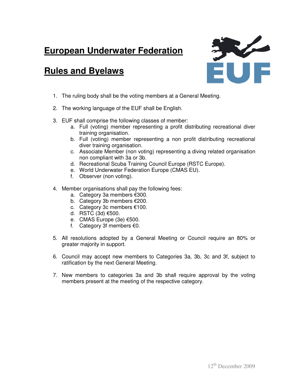 European Underwater Federation Rules and Byelaws