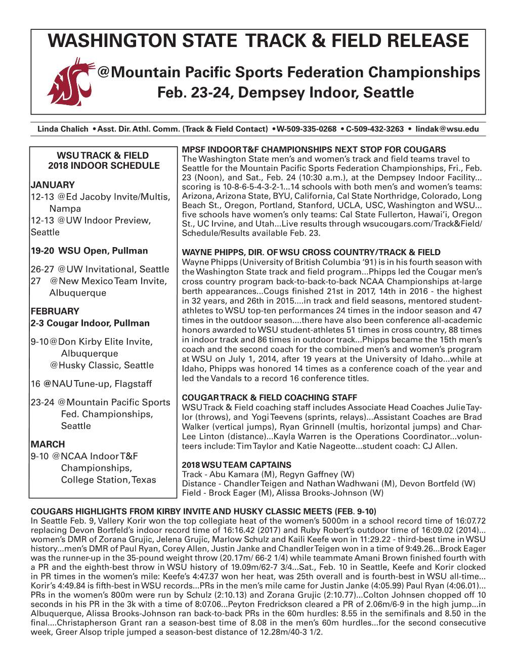 WASHINGTON STATE TRACK & FIELD RELEASE @Mountain Pacific Sports Federation Championships Feb. 23-24, Dempsey Indoor, Seattle