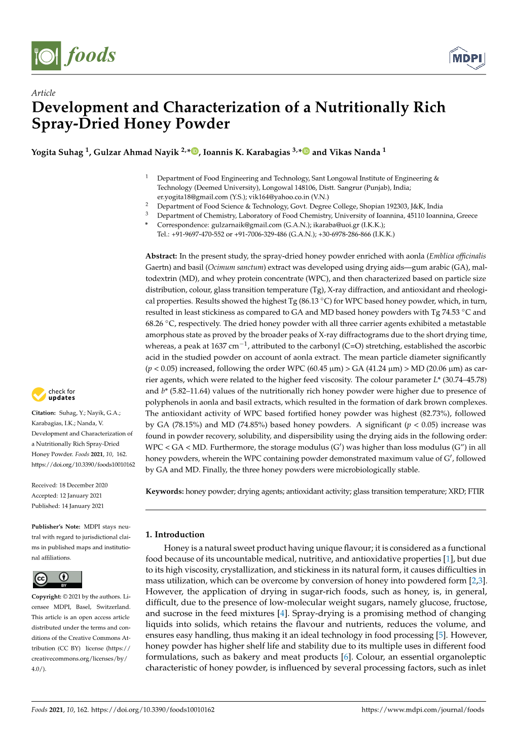 Development and Characterization of a Nutritionally Rich Spray-Dried Honey Powder