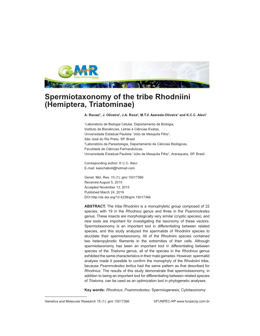 Spermiotaxonomy of the Tribe Rhodniini (Hemiptera, Triatominae)