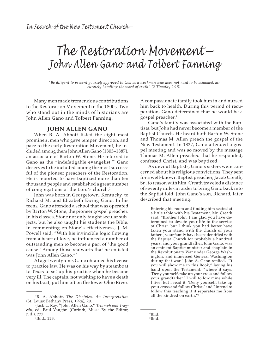 The Restoration Movement— John Allen Gano and Tolbert Fanning