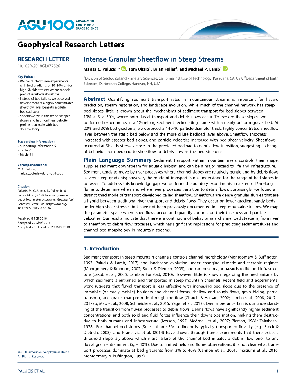 Intense Granular Sheetflow in Steep Streams