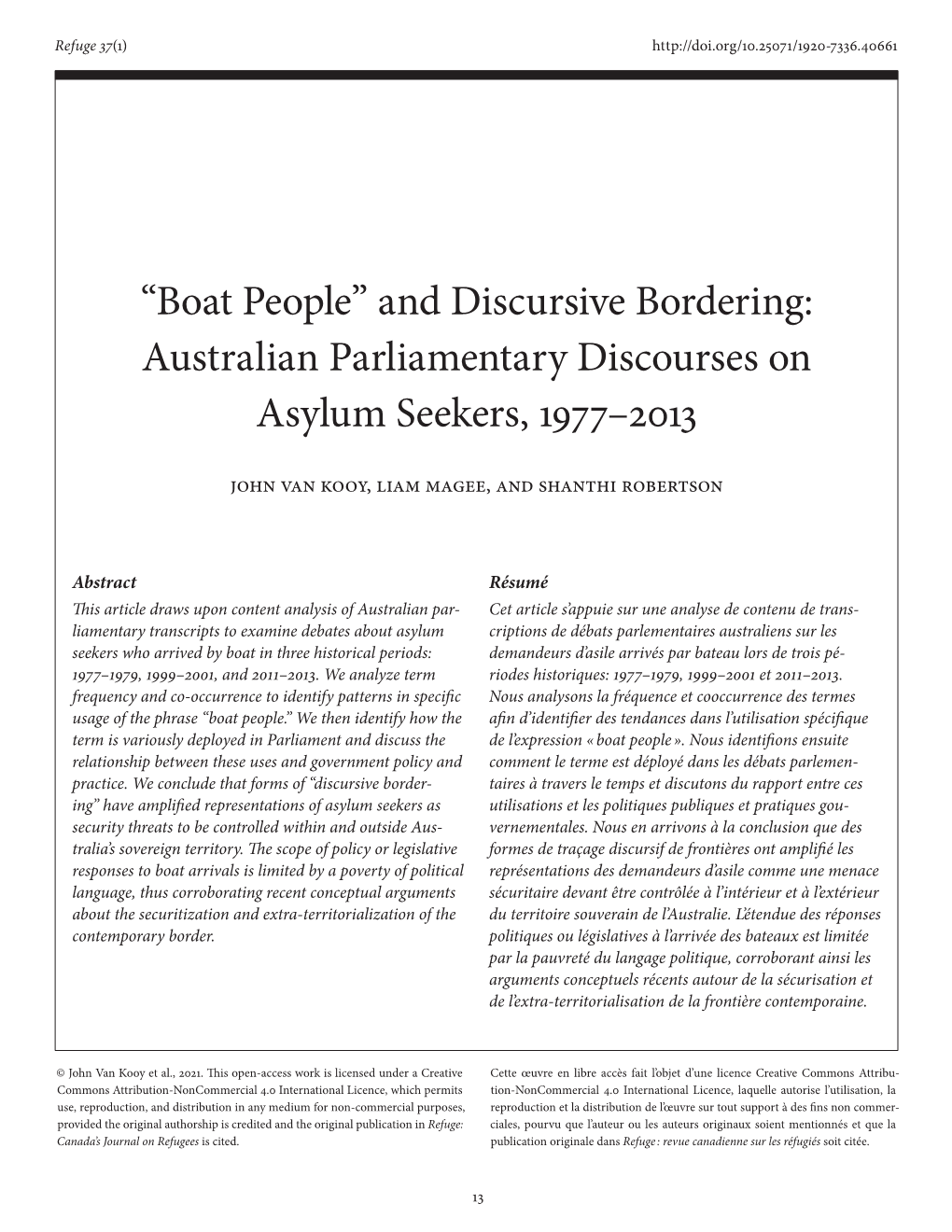 Australian Parliamentary Discourses on Asylum Seekers, 1977–2013