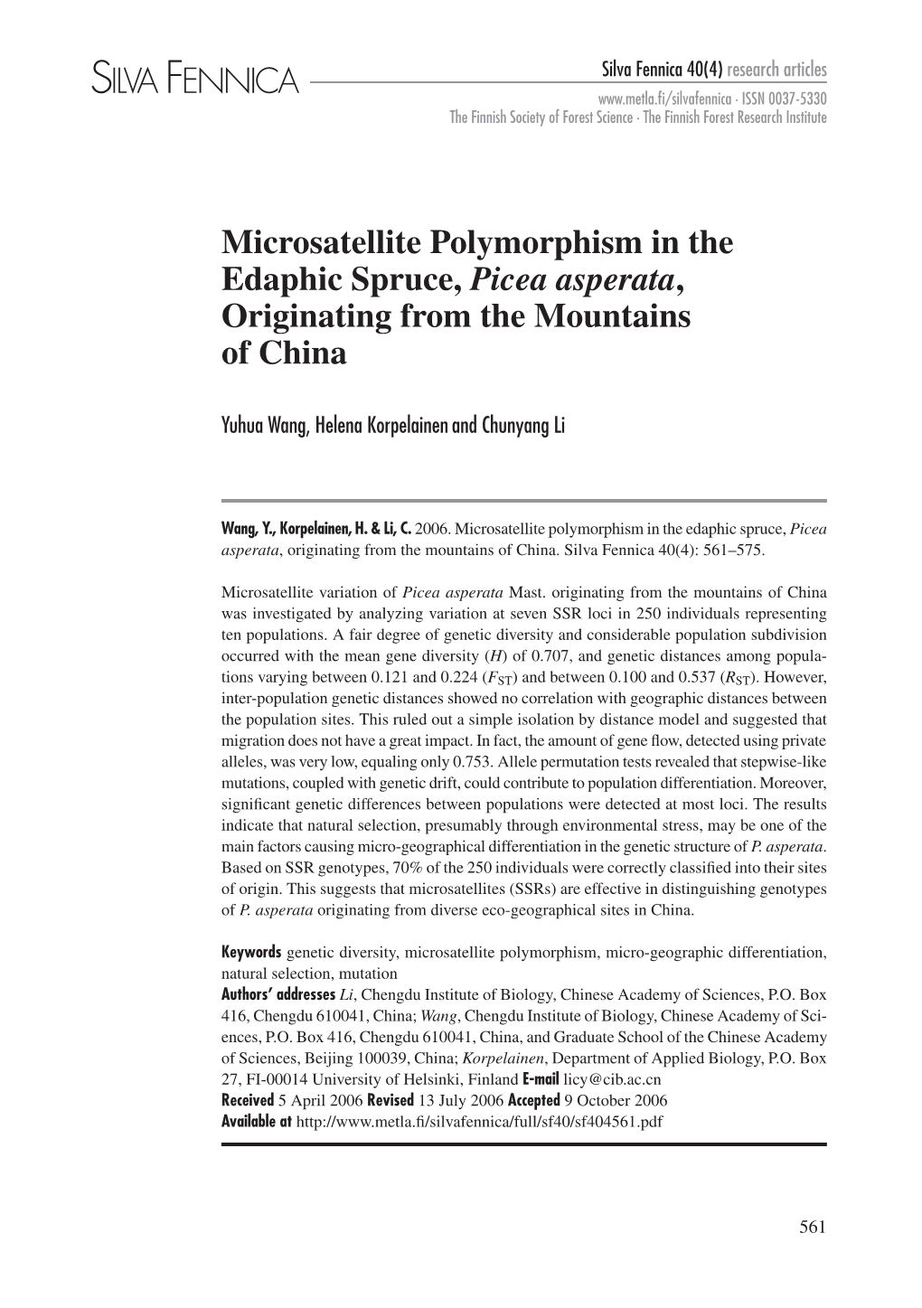 Microsatellite Polymorphism in the Edaphic Spruce, Picea Asperata, Originating from the Mountains of China