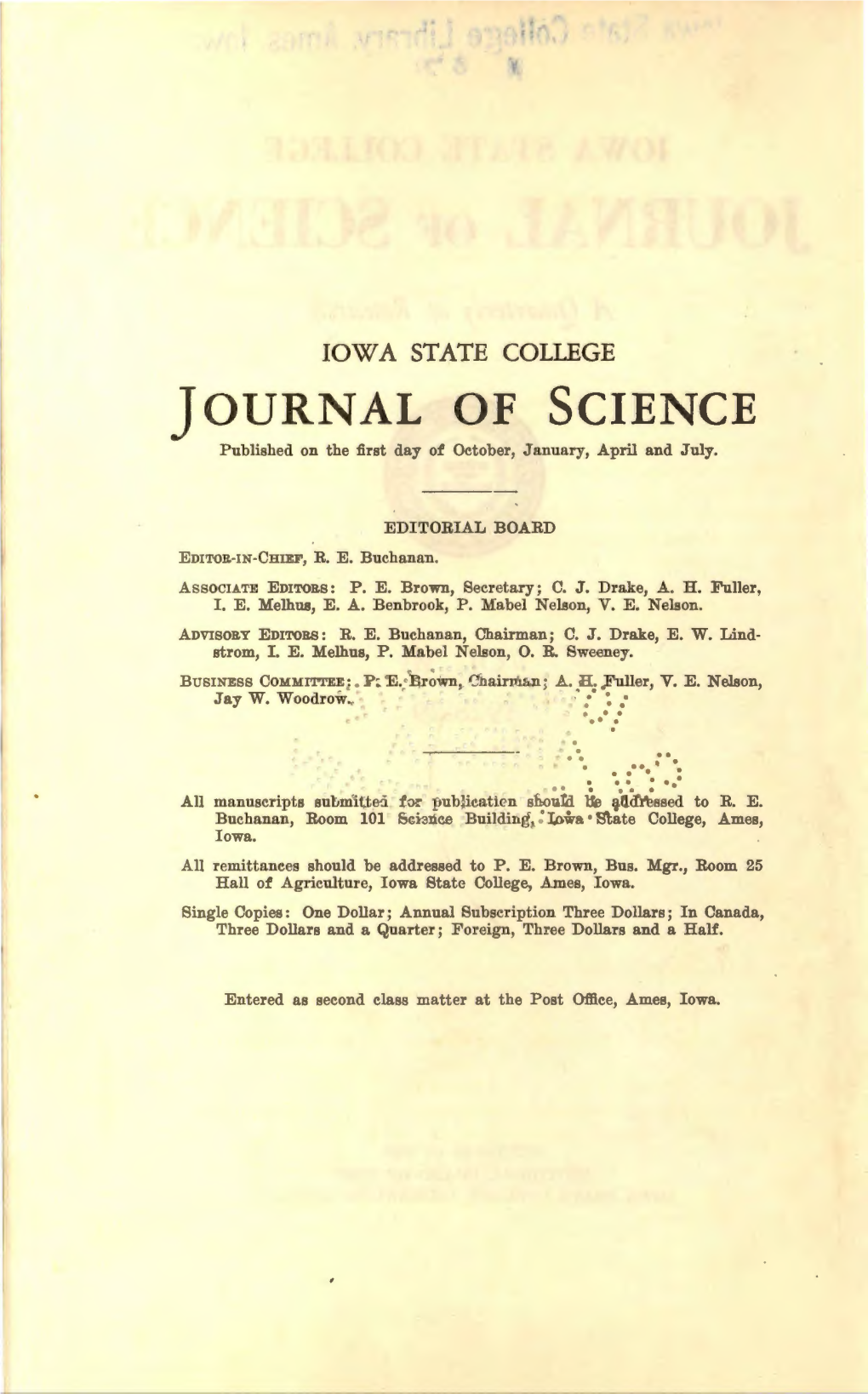 IOWA STATE COLLEGE JOURNAL of SCIENCE Published on the :First Day of October, January, April and J Uly