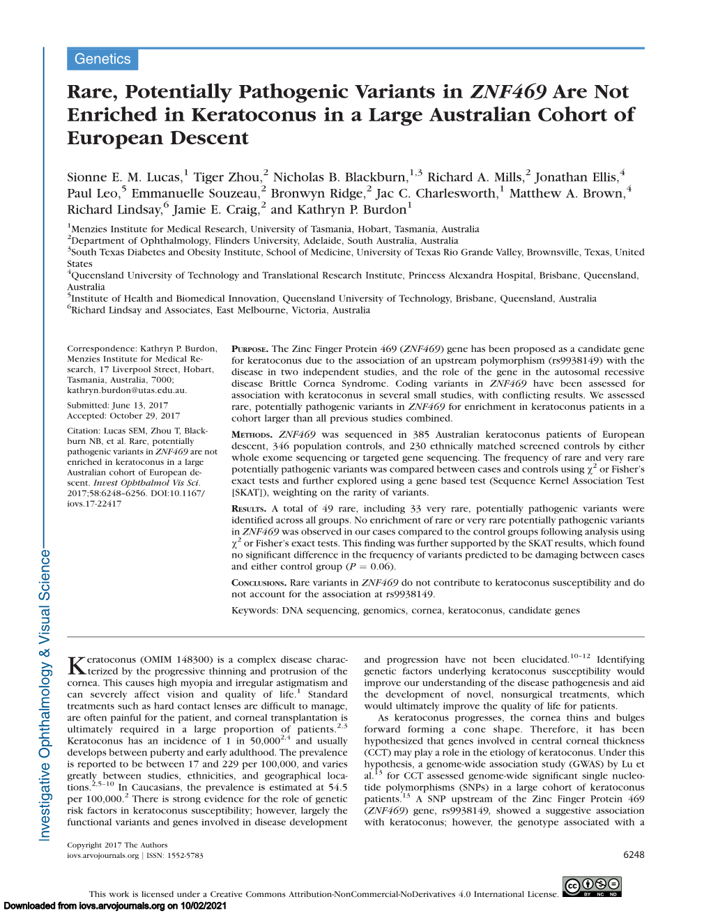 Rare, Potentially Pathogenic Variants in ZNF469 Are Not Enriched in Keratoconus in a Large Australian Cohort of European Descent