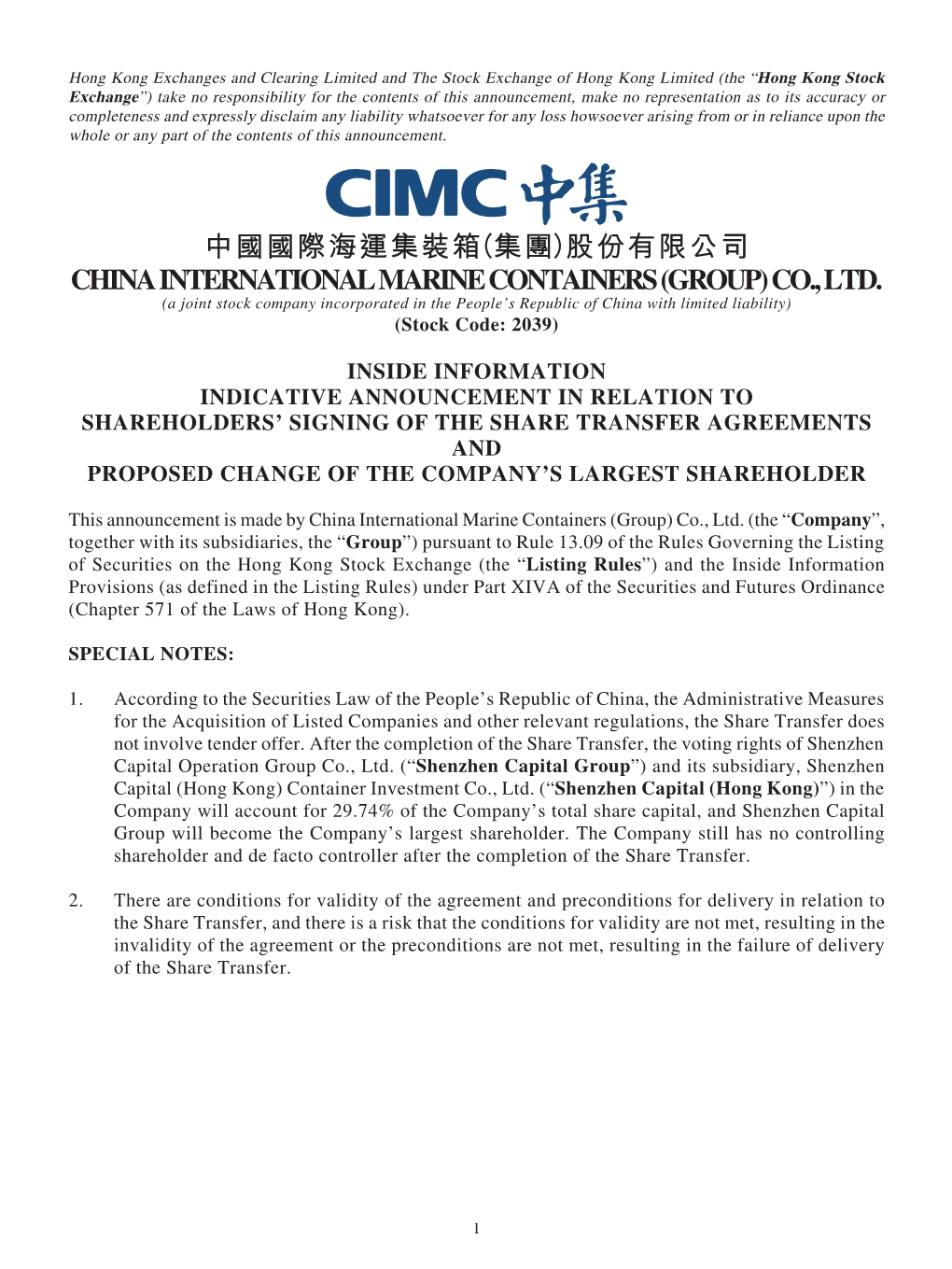 CO., LTD. (A Joint Stock Company Incorporated in the People’S Republic of China with Limited Liability) (Stock Code: 2039)