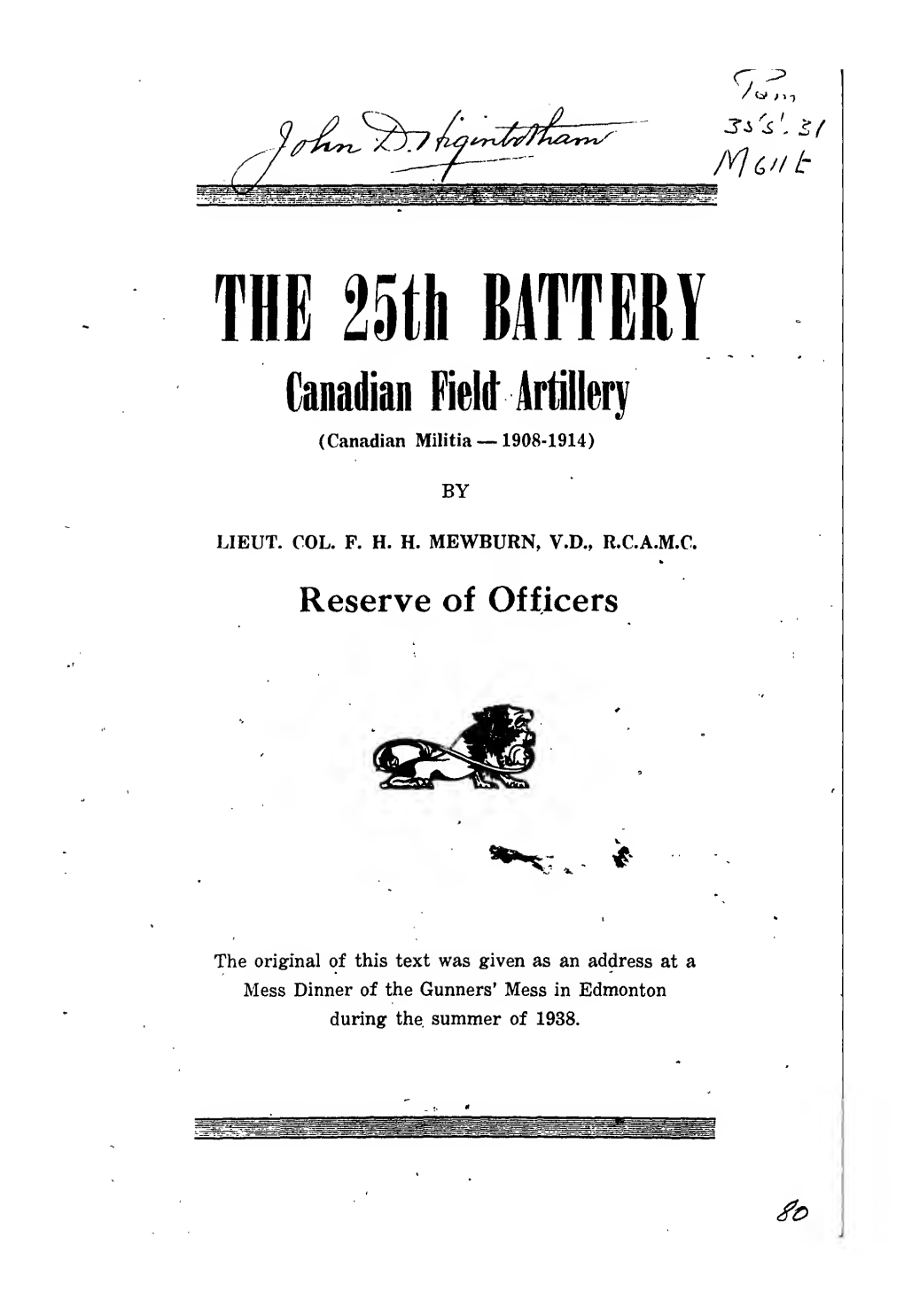 The 25Th Battery, Canadian Field Artillery