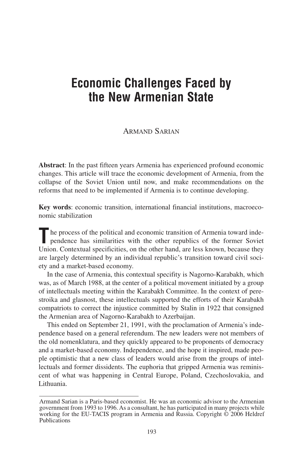 Economic Challenges Faced by the New Armenian State