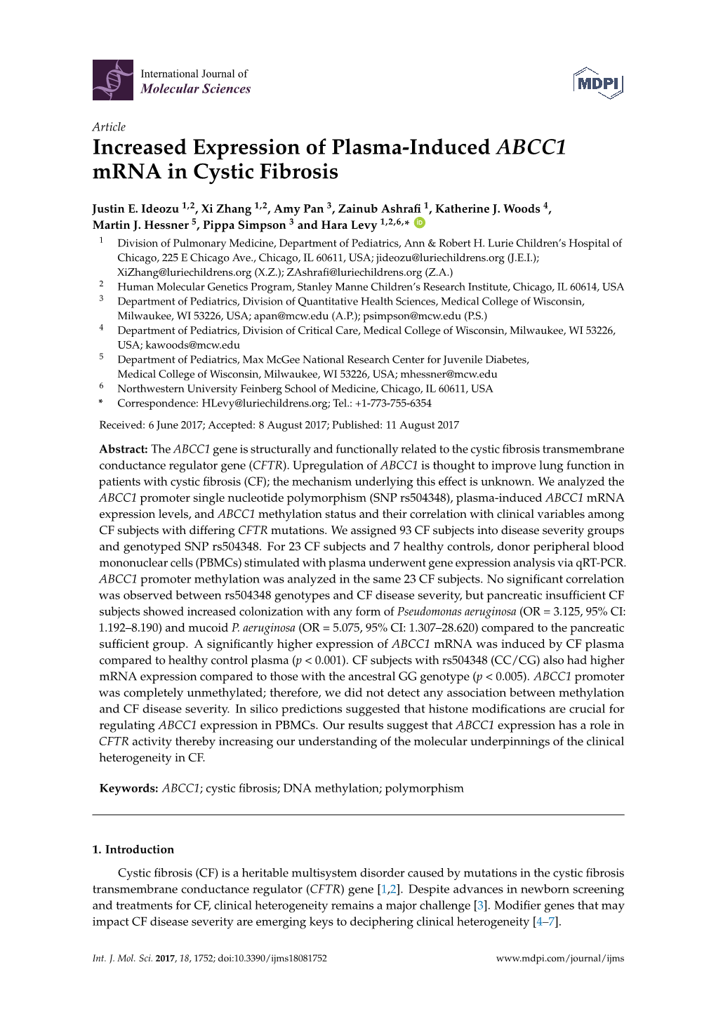 Increased Expression of Plasma-Induced ABCC1 Mrna in Cystic Fibrosis