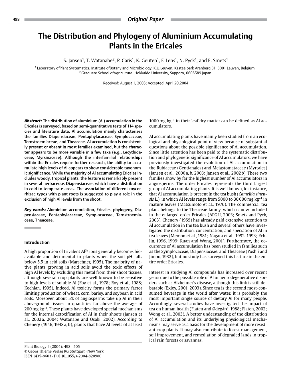 The Distribution and Phylogeny of Aluminium Accumulating Plants in the Ericales