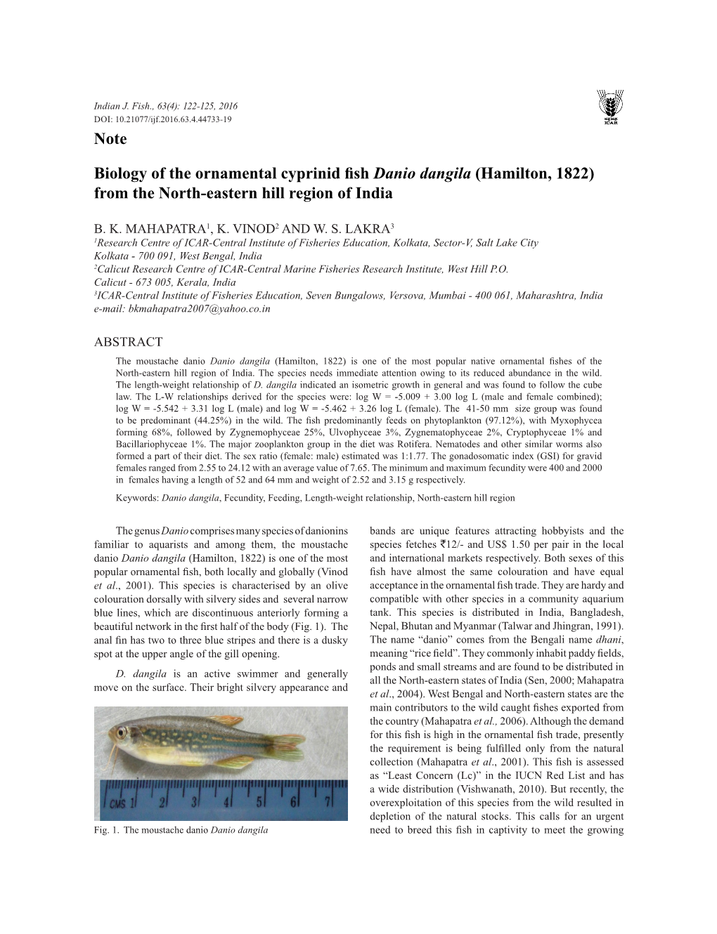 Note Biology of the Ornamental Cyprinid Fish Danio Dangila