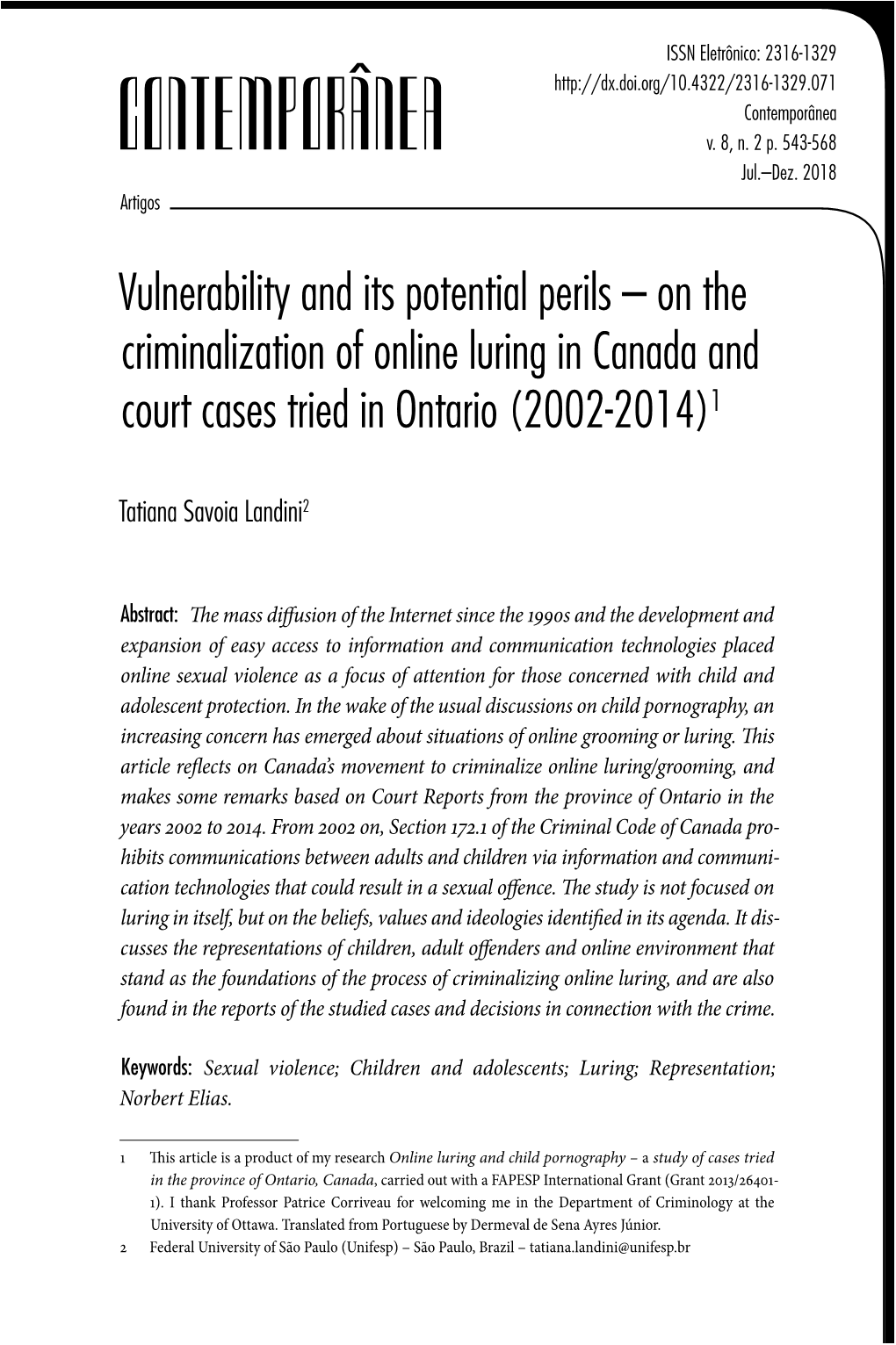 On the Criminalization of Online Luring in Canada and Court Cases Tried in Ontario (2002-2014)1