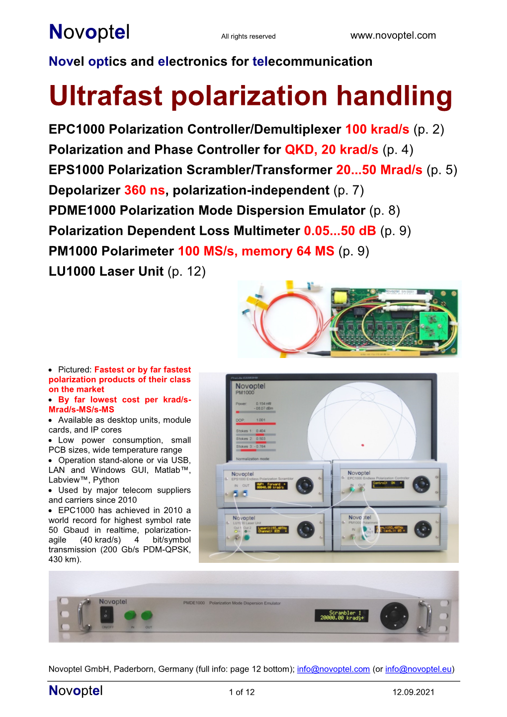 EPC1000 Polarization Controller/Demultiplexer 100 Krad/S (P