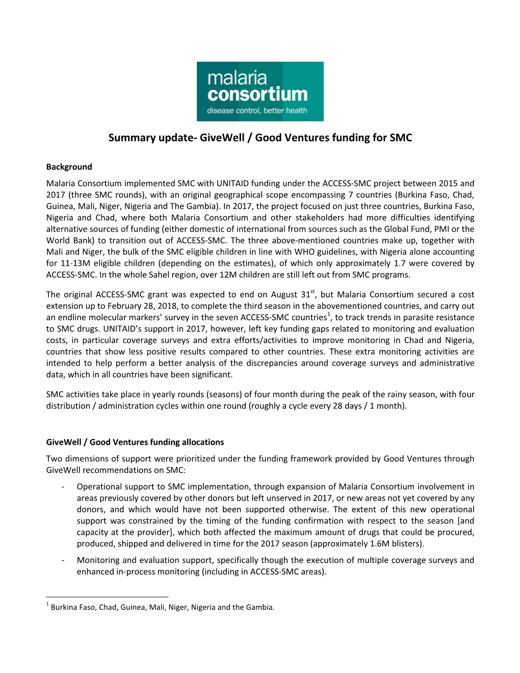 Givewell Malaria Consortium Summary-May 2018